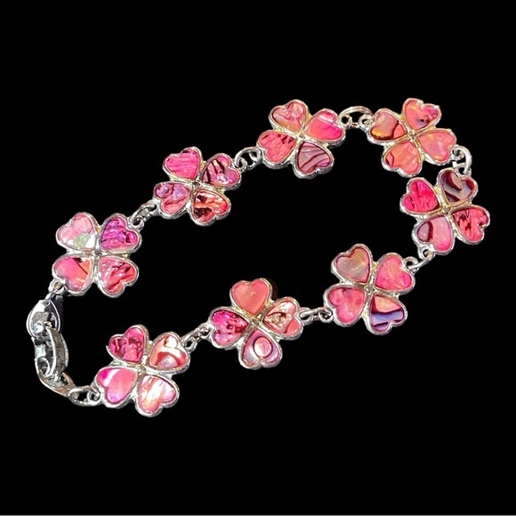 Vintage Silver and Pink Abalone 4 Leaf Clover Bracelet - Ladder Clasp - Picture 4 of 5